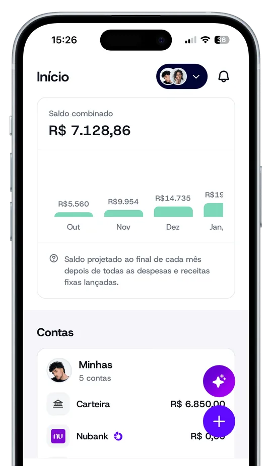 Tela inicial do Coupe com o saldo combinado do casal e o saldo projetado para os próximos meses